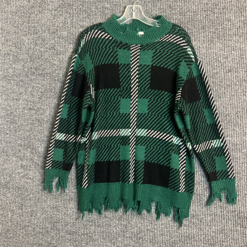 Cato Womens Patchwork Plaid Sweater Size Large Green Black Distressed Mock Neck